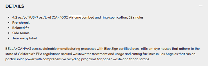 Text detailing fabric specifications and sustainability information on a white background