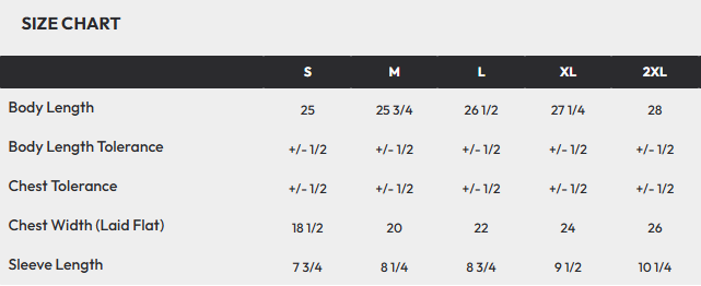 Size chart for clothing with measurements in centimeters