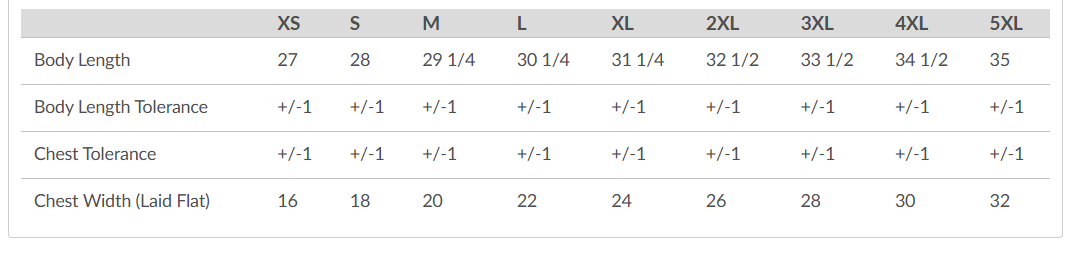 t-shirt sizing chart, detailing the availability of sizes XS to 2XL, with columns for body length, body width, chest width, and chest length. 